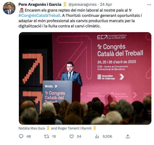 Tweet from Pere Aragon's i Garcia attending to the 1r Congress catalan of Work (April 2023). The text of the tweet translated to English from Catalan reads: We must continue creating opportunities and adapting the professional world to the productive changes required by digitalisation and the fight against the climate change.